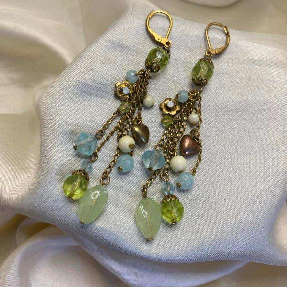 Vintage 1990s Beaded Chain Tassel Earrings Green Blue Heart Flower Charms